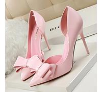 HUANLE Korean Fashion Women Shoes Wedding Bow High Heels Stiletto Heels Shallow Pointed Head Side Empty Thin Shoes-Pink,40