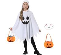 Huanmin Fluorescent Ghost Costume Children's Set, S/L White Ghost Costume Children's Ghost Halloween Cape with Pumpkin Bag & Masks Gloves for Boys Girls Halloween Carnival Cosplay