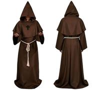 Huanmin Halloween Medieval Monk Robe with Hood Priest Robe for Adults Priest Costume Wizard Costume with Coat Waist Rope and Cross Necklace L (Dress Length 150 cm) Height 175-180 cm)