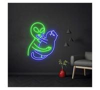 HUANTY Neon Sign Party Decoration USB Powered Alien Cat Neon Sign, Cute Alien Petting A Cat Neon Lights, Creative Neon Sign Alien Room Decor(A,34cmx44cm)