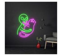 HUANTY Neon Sign Party Decoration USB Powered Alien Cat Neon Sign, Cute Alien Petting A Cat Neon Lights, Creative Neon Sign Alien Room Decor(E,36cmx46cm)