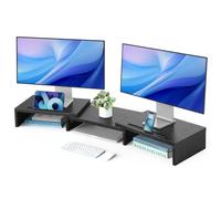 HUANUO Dual Monitor Stand Riser, Adjustable Length & Angle, Wooden Monitor Riser for 2 Monitors, Ergonomic Desktop Organizer with Smartphone Holder for Laptop, PC, Printer, Black