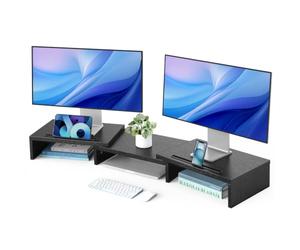 HUANUO Dual Monitor Stand Riser, Adjustable Length & Angle, Wooden Monitor Riser for 2 Monitors, Ergonomic Desktop Organizer with Smartphone Holder for Laptop, PC, Printer, Black