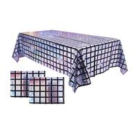 HUANYO 2 Pack Disco Tablecloth, Holographic Silver Glitter Plastic Table Cover for Party Decorations - Rectangle Laser Design for Birthday Wedding Christmas Grad Party