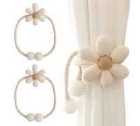 HUANYO 2 Pack Flower Curtain Tie Backs, Elegant Braided Rope Holdbacks with Pearl Accents, No Punching Decorative Curtain Holder for Living Room, Bedroom, Girls Room (beige)