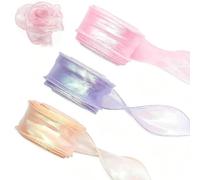 HUANYO 3 Rolls 40mm x 9m Iridescent Organza Ribbon, Translucent Sheer Gift Wrapping Ribbon for Wedding, Easter, Bouquet & Cake Decor - Pink, Purple & Champagne(c# 3pcs)