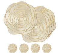 HUANYO 4+4 piece set Rose Placemats, Silver PVC Woven Hollow-out Gold Flower Table Mats, Heat Resistant Washable Non-Slip Placemats for Dining Kitchen Table Wedding Decoration (Rose)