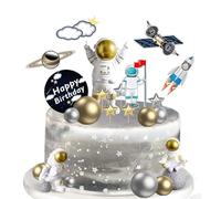 HUANYO Astronaut & Rocket Cake Toppers Set, Space Theme Cake Decorations for Birthday, Baby Shower, First Trip Around the Sun, Moon Landing Party, Outer Space Planetary Décor