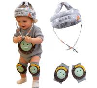 HUANYO Baby Head Protector with Grey Forest Print & Dinosaur Knee Pads Set - Adjustable, Breathable Anti-Fall Safety Helmet for Toddlers 5-36 Months, Ideal for Learning to Walk Unisex (Grey)