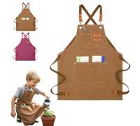 HUANYO Kids Aprons for Children 5-12 Years Old, Canvas Painting Apron with 3 Front Pockets for Cooking Baking Painting Craft and Gardening (brown)