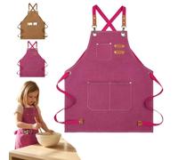 HUANYO Kids Aprons for Children 5-12 Years Old, Canvas Painting Apron with 3 Front Pockets for Cooking Baking Painting Craft and Gardening (rose red)