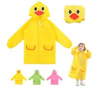 HUANYO Kids Raincoat for Girls Boys, Waterproof Rain Suit with 3D Cartoon Pattern, Lightweight Windproof Coverall Rainwear for Toddler Children Outdoor Play, School, Park (Yellow Duck)