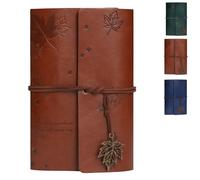 HUANYO Leather A5 Notebook, Refillable Maple Leaf Embossed Vintage Journal, 18.2x12.7cm Travel Diary Gift for Women & Men (Brown)
