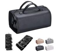 HUANYO Travel Makeup Bag, Leather Clear Cosmetic Organiser with Compartments, 4-in-1 Waterproof Detachable & Foldable Hanging Design, Portable Roll Up Storage Bag for Makeup (Black)