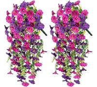 HUANYO Vibrant Artificial Hanging Petunias 4 Pack Silk Flowers for Outdoor Decoration, Waterproof Garden Plants for Balcony, Porch, Yard - Easy to Hang, No Maintenance (Purple+Red)