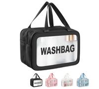 HUANYO Wet Dry Cosmetic Bag - Clear PVC Toiletry Bag with Separate Wet/Dry Compartments, Large Capacity Hanging Wash Bag with Hook for Travel, Women & Girls (Black)