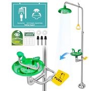 Huanyu 2 in 1 Emergency Eyewash Station & Shower 304 Stanless Steel Eye Washer for Washing Showering Equipment Combination Emergency Rescue Supply with ABS Basin(1102-1)