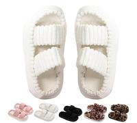 HUANZHI Double Strap Plush Slippers, Women's Solid Minimalist Stripe Fuzzy Bedroom Slippers, Winter Warm Fluffy Slipper (White,40/41)