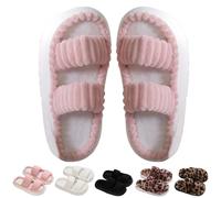 HUANZHI Double Strap Plush Slippers, Women's Solid Minimalist Stripe Fuzzy Bedroom Slippers, Winter Warm Fluffy Slipper (Pink,40/41)