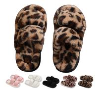 HUANZHI Double Strap Plush Slippers, Women's Solid Minimalist Stripe Fuzzy Bedroom Slippers, Winter Warm Fluffy Slipper (Khaki Leopard Print,38/39)