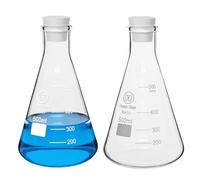 HUAOU 2pcs 500ml Glass Erlenmeyer Flask Sets with Rubber Stopper Laboratory Flask 3.3 Borosilicate Glass, Narrow Mouth, Printed Graduation, Lab Chemistry Conical Flask