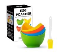 HUAQIAOXI Silicone Egg Poacher Cups, 4 Pack, BPA Free, Microwave or Stove Poached Egg Cooker, Extra Oil Brush, Yellow, Blue, Green, Orange