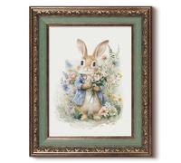 HUARCEY Bunny with Bouquet Canvas Wall Art Vintage Relief Gold Framed, Cute Rabbit Wildflower Meadow Print Rustic Floral Artwork, Farmhouse Animals for Easter Mother's Day Decor Gift 13"×16"