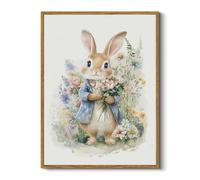 HUARCEY Easter Bunny Framed Canvas Wall Art 12"x16", Cute Rabbit with Colorful Flowers Print, Rustic Cottagecore Watercolor Animal Artwork for Mother's Day Spring Nursery Wall Decor