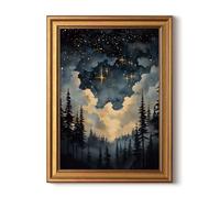 HUARCEY Gold Framed Canvas Wall Art, Celestial Stars Night Picture Decor, Living Room Bedroom Dark Landscape Nature Art, Sky Forest Vintage Canvas Paintings, 12x16inch