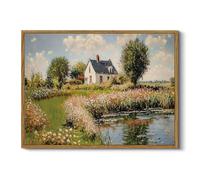 HUARCEY Vintage Cottage Landscape Framed Canvas Wall Art 12"x16" Countryside Pond House Decoration, Rustic Pastoral Print, Farmhouse French Country Scene Floral Wall Decor