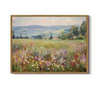HUARCEY Vintage Floral Canvas Wall Art 12x16 Framed Countryside Landscape Wildflower Artwork, Rustic Nature Flower Field Painting, Retro Spring Colorful Meadow Village Scene Farmhouse Decor