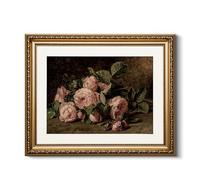 HUARCEY Vintage Gold Framed Wall Art, Retro Still life Pink Roses Canvas Prints Artwork with Antique Frame, Victorian Wall Paintings Decor for Living Room Gallery, 13x16 inch