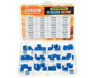 HUAREW 12 Values 60 Pcs 3296W Multiturn Trimmer Potentiometer 100-500 K Ohm Blue 3296 Top Adjustment Variable Resistor Assortment Kit
