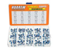 HUAREW 15 Values 150 Pcs Blue and white adjustable resistance carbon film potentiometer 100 Ohm- 2M Ohm 6 mm Vertical pin variable trimmer resistor Assortment Kit