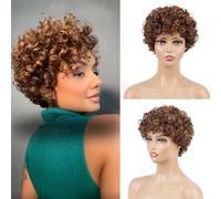 Huarisi Color 4/30 Wear and Go Short Curly Pixie Cut Wigs with Bangs Human Hair Bouncy Big Curls Chocolate Brown Mixed Medium Auburn Glueless None Lace Look Natural