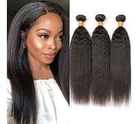 Huarisi Yaki Kinky Straight Human Hair 3 Bundles 18 20 22 Inches Brazilian Yaki Hair Bundles Weaves for Black Women 9A Unprocessed Virgin Hair Sew in Weft Natural Color