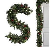 Huasean 5.9Ft/1.8m Pre-Lit Garland Decorations,Artificial Garland With Pine Cones & Red Berry, Green Garland With Lights,Greenery Holiday Decor For Indoor Outdoor