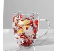 Huasean Dried Flowers Double Walled Glass Coffee Mug | Insulated Glass Coffee Cups with Handle | Aesthetic Flower Glass Tea Cup | Heat Resistant Mugs Glasses for Mum Wife Her Friend,350ml
