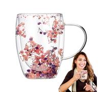 Huasean Dried Flowers Double Walled Glass Coffee Mug,Insulated Glass Coffee Cups with Handle,Flower Glass Tea Cup,Heat Resistant Cappuccino Latte Macchiato Glasses for Mum Wife Her Friend,350ml