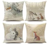 HUASHUZI Christmas Cushion Covers Winter Wonderland Decorations Xmas Throw Pillow Cover Animal Rabbit Fox Squirrel Deer Set of 4 Decor for Party Family For Home Sofa Livingroom 18x18 Inch (45x45cm)
