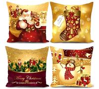 HUASHUZI Christmas Cushion Covers Xmas Decorations Throw Pillow Cover Gold Santa Claus Set of 4 Christmas Decor For Sofa Living Room Home 18x18 Inch 45x45cm