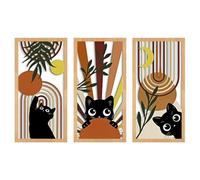 HUASUN 3-Piece Bohemian Wall Art Set, Laser-Cut Wooden Wall Decor with Cat, Sun & Moon, Pre-installed Hooks, Fade-Resistant & Warp-Proof for Living Room, Bedroom, Hallway Gallery Wall