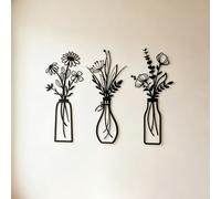 HUASUN Metal Floral Wall Art, Set of 3 Rustic Boho Farmhouse Hanging Sculptures, Modern Home Decor for Living Room, Bedroom, Kitchen (Black)