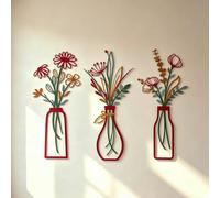 HUASUN Metal Floral Wall Art, Set of 3 Rustic Boho Farmhouse Hanging Sculptures, Modern Home Decor for Living Room, Bedroom, Kitchen (Red)