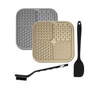 HUATEEN 2 PCS Silicone Lick Mats for Dogs & Cats with Scraper & Brush | Dual-Textured Slow Feeder Mat for Anxiety Relief | Dishwasher-Safe Pet Feeding & Grooming Mat (Grey/Beige, 7.9"x7.9")