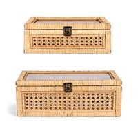 HUAXIN CRAFT H Rattan Decorative Box with Lid, Rectangular Woven with Glass for Display, Set of 2 Wicker for Decor