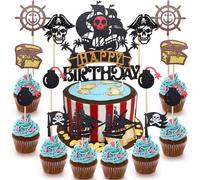 Huaxintoys Pack of 25 Pirate Cake Decorations, Pirate Cupcake Toppers, Pirate Cake Decoration, Halloween Cake Topper for Children's Birthday (Flag, Treasure Chest, Pirates, Rudder, Sailing Boat, Bomb)