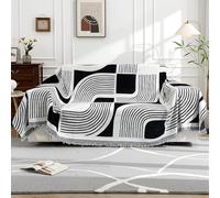 HUAXITRA Chenille Sofa Cover for 3 Seater, Soft Washable Boho Couch Cover Slipcover with Tassel, All-Season Protection Couch Cover for Dogs, Couch Protector L Shaped Sofa Cover (Black, 180x300 cm)