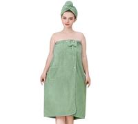 HUAXITRA Women Wrap Towel Robe, Soft Towel Wrap for Women, Highly Absorbent Shower Robe Spa Robe Wraps Bathrobe, Adjustable Bath Wrap Snap Closure Soft Bathrobes Wrap with Hair Turba (Green)