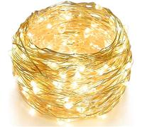 HUAXIYAN 33FT 100 LED Silver Wire String Lights, Warm White, Battery Operated, Indoor/Outdoor, LED, 33ft Length, 100 LED, Silver Wire, Warm White Light, Battery Powered, Touch Control, Water Resistant